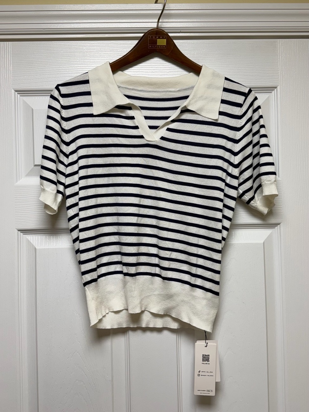 Striped Polo Short-Sleeve Knit Top - White & Navy